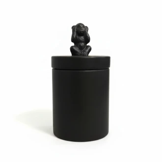 Dunelm Ceramic Storage Jar With Monkey Lid (Hear No Evil Monkey Canister), Matt Black, 17cm