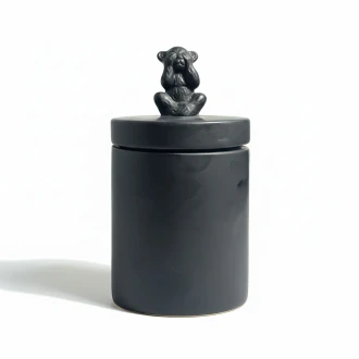 Dunelm Ceramic Storage Jar With Monkey Lid (See No Evil Monkey Canister), Matte Black, 17cm
