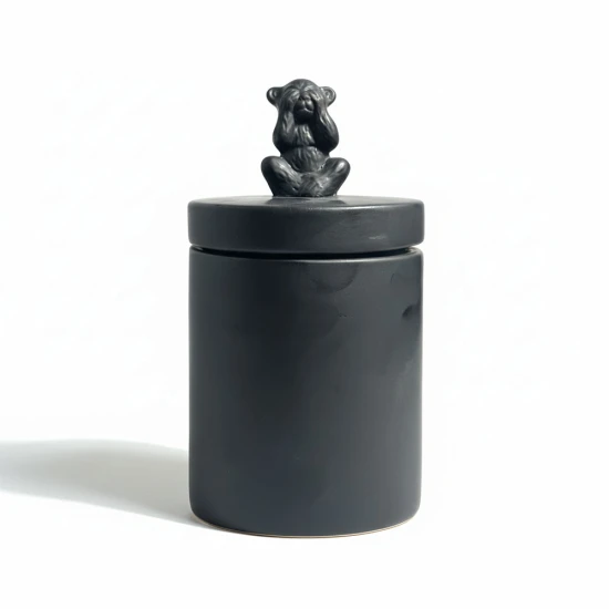 Dunelm Ceramic Storage Jar With Monkey Lid (See No Evil Monkey Canister), Matte Black, 17cm