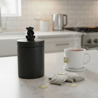 Dunelm Ceramic Storage Jar With Monkey Lid (See No Evil Monkey Canister), Matte Black, 17cm