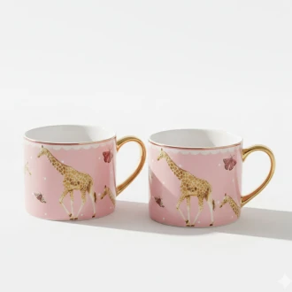 Candlelight Set of Two Straight Sided Mugs With Gold Handle - Giraffe - Gift Boxed