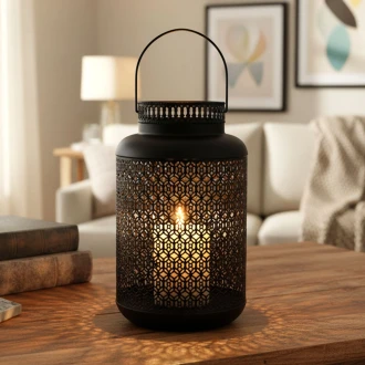 Candlelight Metal Cut Out Lantern With Handle , Black, 30cm
