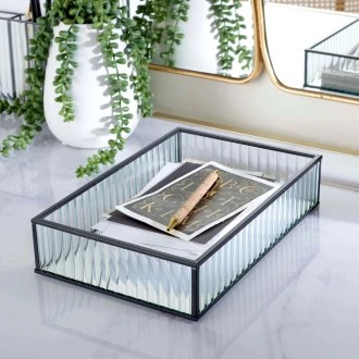 Candlelight 26 CM Small Striped Glass Tray With Mirrored Base