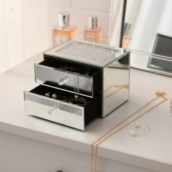 Candlelight 2 Draw sparkle Glass Jewellery Box, Silver, 12x16 CM