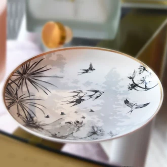 Candlelight Trinket Dish Sunset Skies With Gold Rim , Grey/Gold