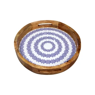 Candlelight 30Cm Round Tray Mango Wood/Enamel  - Blue Dashes