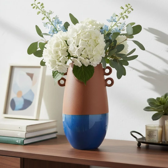Candlelight Ceramic Vase With Handles - Brown and Blue