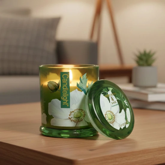 Candlelight Large Glass Lidded Jar White Poppy And Sage With 5% White Poppy and Sage Scent