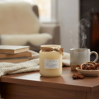 Candlelight Large Frosted Candle With Cork Lid, Winter Spice Scent