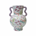 Candlelight Ceramic Vase With a Floral Pattern and Wavy Purple Handles