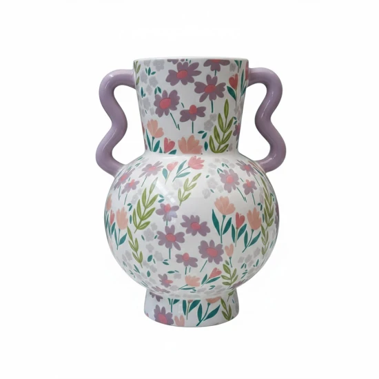 Candlelight Ceramic Vase With a Floral Pattern and Wavy Purple Handles