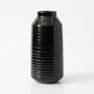 Candlelight Black Ceramic Vase With  a Ribbed Texture