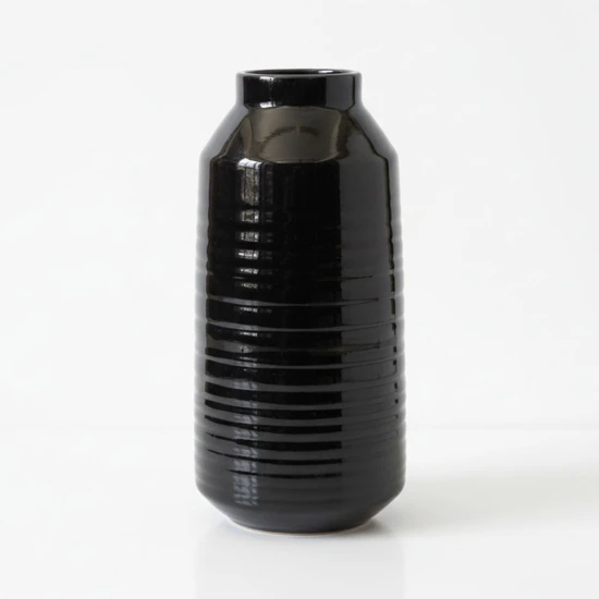 Candlelight Black Ceramic Vase With  a Ribbed Texture