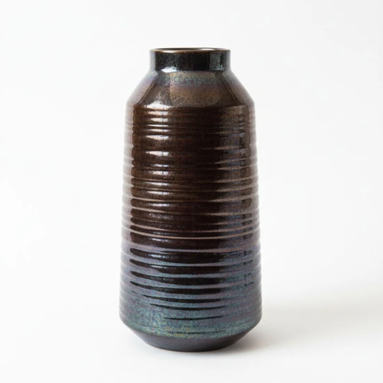 Candlelight Brown Ceramic Vase With  a Ribbed Texture