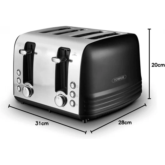 Tower Ash 4-Slice Toaster with Dual Controls, Defrost/Reheat/Cancel, 1850W, Black & Chrome, T20081BLK Shop quality Tower Ash 4-Slice Toaster with Dual Controls, Defrost/Reheat/Cancel, 1850W, Black & Chrome in Kenya from vituzote.com Shop in-store or online and get countrywide delivery!
