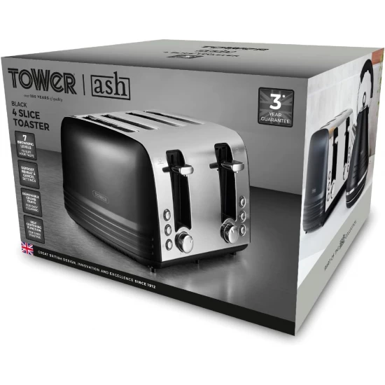 Tower Ash 4-Slice Toaster with Dual Controls, Defrost/Reheat/Cancel, 1850W, Black & Chrome, T20081BLK Shop quality Tower Ash 4-Slice Toaster with Dual Controls, Defrost/Reheat/Cancel, 1850W, Black & Chrome in Kenya from vituzote.com Shop in-store or online and get countrywide delivery!