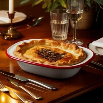 Neville Genware Enamel Rect. Pie Dish White with Red Rim 20cm