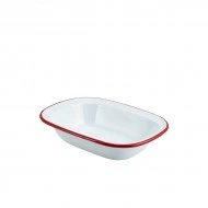 Neville Genware Enamel Rect. Pie Dish White with Red Rim 20cm