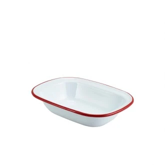 Neville Genware Enamel Rect. Pie Dish White with Red Rim 20cm