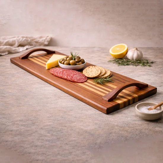 QP Flowline Signature Charcuterie & Serving Board -  Natural & Chocolate (L: 60cm x W: 22cm)