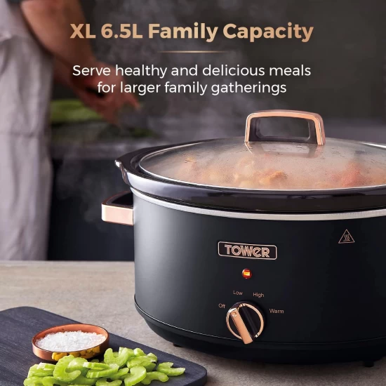 Tower Cavaletto 6.5 Litre Slow Cooker with 3 Heat Settings, Removable Cookpot and Cool Touch Handles, Black and Rose Gold, T16043BLK Shop quality Tower Cavaletto 6.5 Litre Slow Cooker with 3 Heat Settings, Removable Cookpot and Cool Touch Handles, Black and Rose Gold in Kenya from vituzote.com Shop in-store or online and get countrywide delivery!