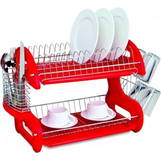Home Basics 2-Tier Plastic Dish Drainer- Red