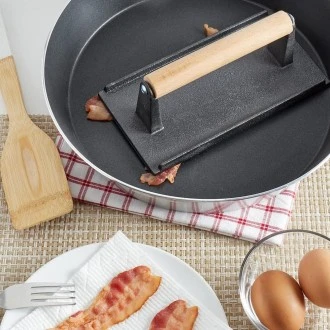 Home Basics Cast Iron Bacon Press with Wood Handle, Black