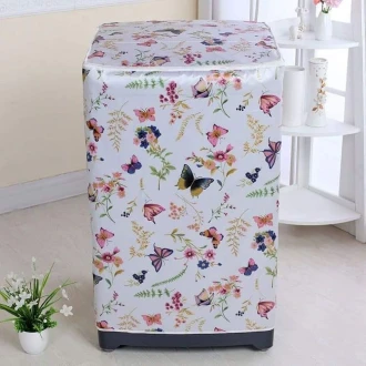 PEVA Top Load Washer Cover, White & Butterfly Floral, Waterproof Dust Cover with Zipper - 55x58x87cm