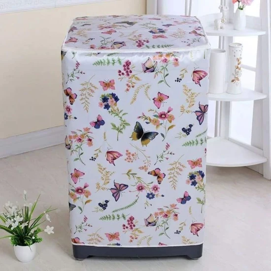 PEVA Top Load Washer Cover, White & Butterfly Floral, Waterproof Dust Cover with Zipper - 55x58x87cm