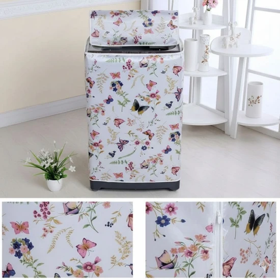PEVA Top Load Washer Cover, White & Butterfly Floral, Waterproof Dust Cover with Zipper - 55x58x87cm