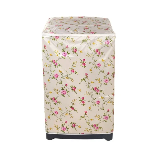 PEVA Top Load Washing Machine Cover, Cream & Pink Rose Floral Pattern, Waterproof Dust Cover with Zipper - 55x58x87cm