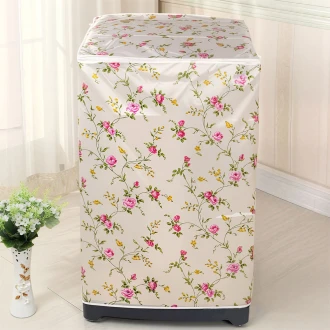PEVA Top Load Washing Machine Cover, Cream & Pink Rose Floral Pattern, Waterproof Dust Cover with Zipper - 55x58x87cm