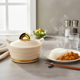 Majestic Insulated Hot Pot with Stainless Steel Lid & Bowl – 1L (100ml), Cream