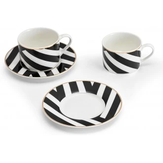 Mikasa Luxe Deco Fine China Tea Cups and Saucers with Geometric Stripe, Set of 2, 200ml-Gift Boxed