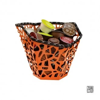 Zuri Coffee Pod Holder/Fruit ~Basket, Hand-Stitched Leather Rim, Orange 