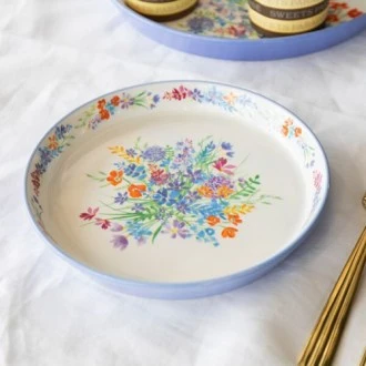 London Pottery Viscri Meadow Cake Plate, Ceramic, Almond Ivory / Cornflower Blue, 20 cm