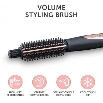 Carmen Noir Volume Styling Brush with Ceramic heated barrel and 360° Anti-Tangle Swivel Cord, Black & Rose Gold.