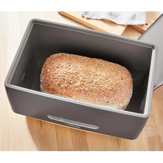 Tower Scandi Bread Bin, Robust Plastic Body, Anti Slip Base, Matte Grey with Wood Effect Accents