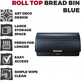 Tower Empire Roll Top Bread Bin, Stainless Steel, Midnight Blue and Brass