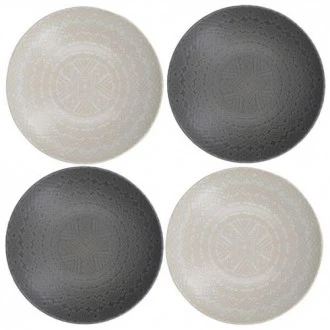 Kitchen Craft Pasta Bowls Set of 4 in Gift Box, Lead-Free Glazed Stoneware, Embossed Grey / Black, 22cm
