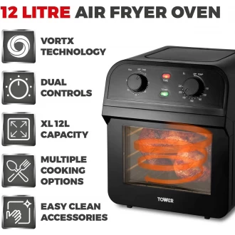 Tower Manual Air Fryer Oven with Rapid Air Circulation and 10 Preset Cooking Options, 12 Litre, Black [Save Upto 50% On Energy Bills]