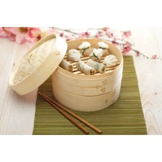World of Flavours Two Tier Bamboo Steamer and Lid, 20 cm