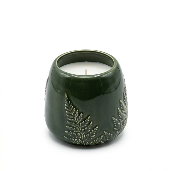  Dunlem Wax Filled Cermic Pot Churchgate Embossed Fern Olive,8cm Dia  - 2.1% Olive Leaf & Fern Scent