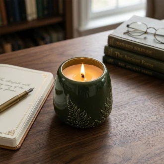  Dunlem Wax Filled Cermic Pot Churchgate Embossed Fern Olive,8cm Dia  - 2.1% Olive Leaf & Fern Scent