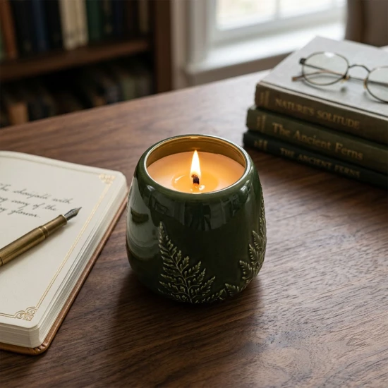  Dunlem Wax Filled Cermic Pot Churchgate Embossed Fern Olive,8cm Dia  - 2.1% Olive Leaf & Fern Scent