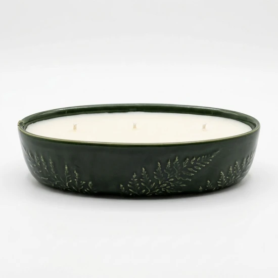 Candlelight Churchgate Multi Wick Oval Wax Filled Ceramic Pot Candle, Olive green & Fern , 20cm