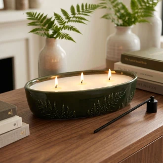 Candlelight Churchgate Multi Wick Oval Wax Filled Ceramic Pot Candle, Olive green & Fern , 20cm