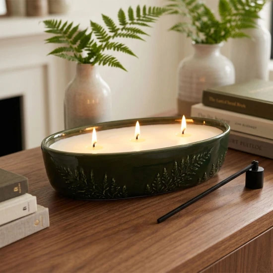 Candlelight Churchgate Multi Wick Oval Wax Filled Ceramic Pot Candle, Olive green & Fern , 20cm