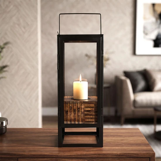 Candlelight 100% Forest Stewardship Council Mango Wood Bryant Medium Lantern (W: 25.4cm x D: 25.4cm x H:43.2cm)