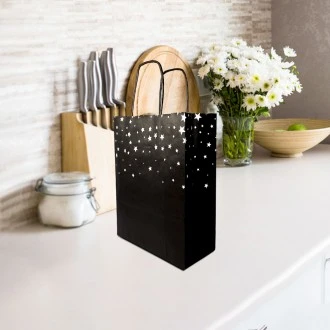 VZ Black Paper Gift Bags with White Star Patterns - 23cm H x 8cm L x 18cm W - Small